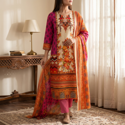 MALHAR 100% Premium cotton lawn digital printed 3 Piece